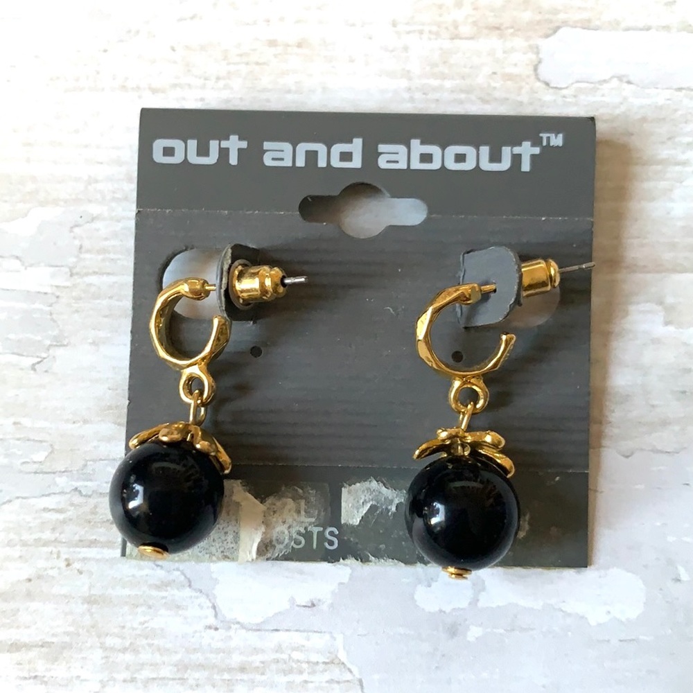 Women’s Black Gold Dangly Earrings Out & About Brand Surgical Steel Post NEW